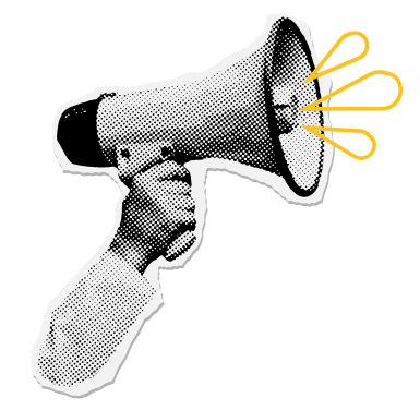 Black and white photo image of a hand holding a megaphone with yellow speech bubbles coming out of it